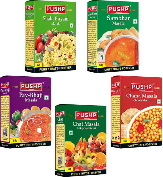 Pushp Brand Blended Masala Combo 50g Each (Chat, Chana, Biryani, Pav Bhaji, Sambhar)