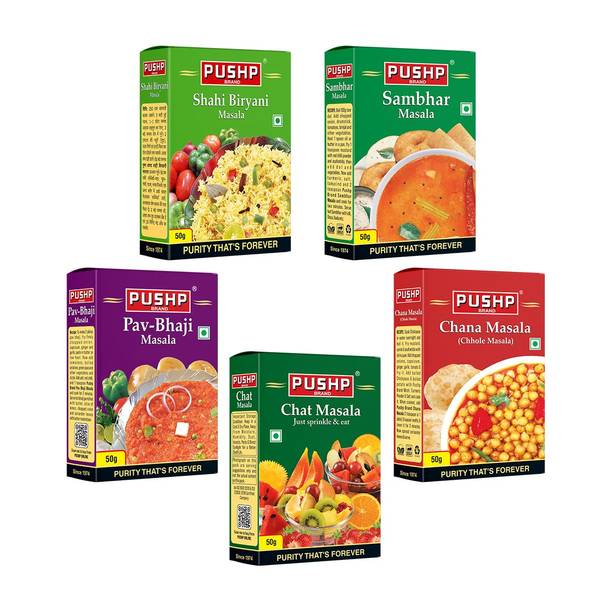 Pushp Brand Blended Masala Combo 50g Each (Chat, Chana, Biryani, Pav Bhaji, Sambhar)