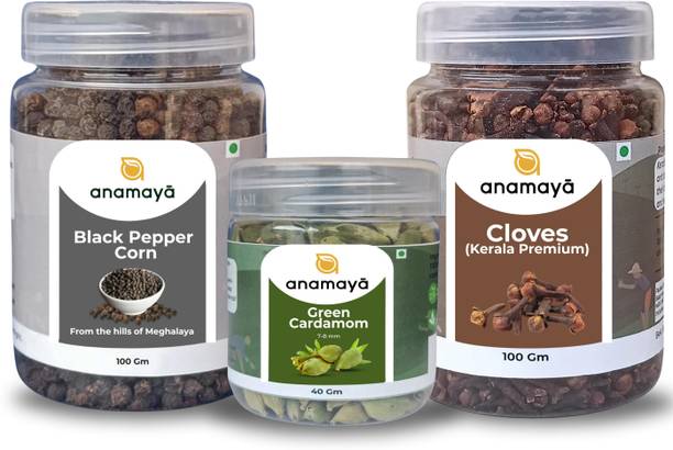 Anamaya Premium Combo of 3 |Cloves (80g)+Black Peppercorn (100g)+Green Cardamom (40g)