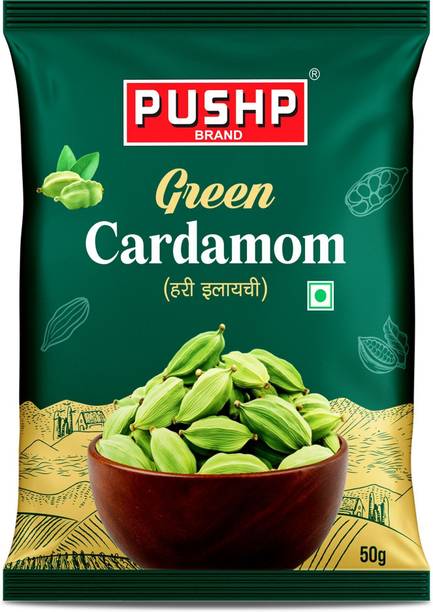 Pushp Brand Whole Cardamom 50g Pouch Bold 8-9mm Sabut Hari Elaichi for Tea, Sweet, Cooking