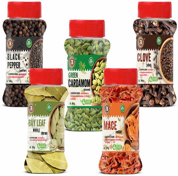 ब्रू लैब Combo of BlackPepper-100g + Cardamom-80g + Cloves-100g + Bayleaf-50g + Mace-70g