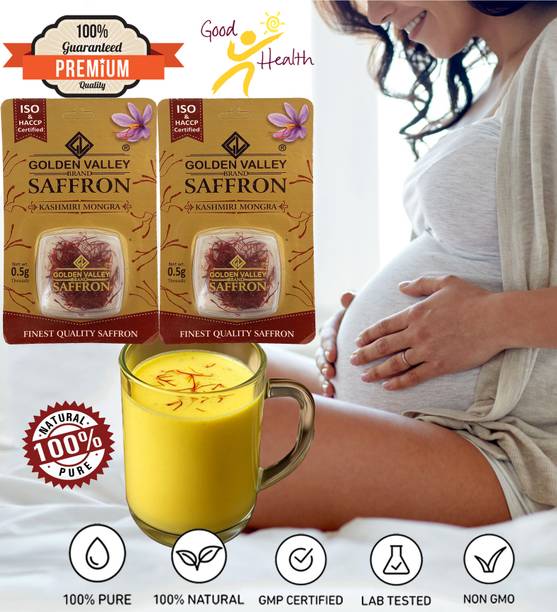 GOLDEN VALLEY Saffron 1 Gram 100% Pure Original Kashmiri Saffron for Pregnant Women, Biryani, Fair Skin, Milk, Tilak Certified ISO A1++ Best Highest Quality Premium Mogra Saffron / Kumkumapuvvu/ Kesar/ Keshar - (Pack of-2)X0.5gm