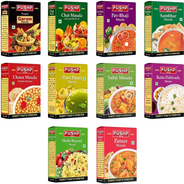 Pushp Brand Pushp 10-in-1 Masala Combo 50g Each – Biryani, Paneer, Sabji, Raita & More