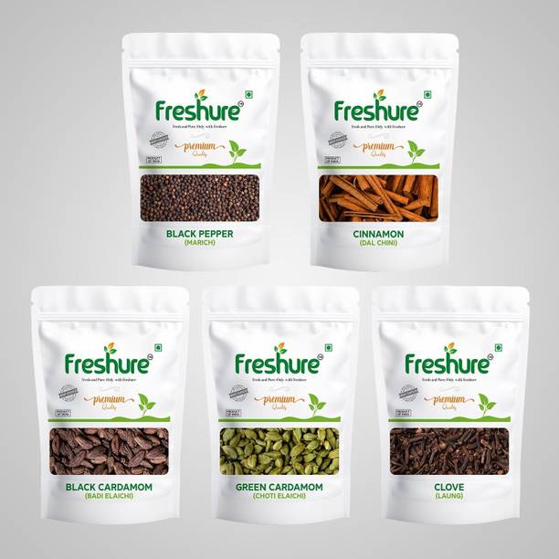 Freshure 5 Spices Whole Combo-Black Pepper, Laung, Dalchini, Badi Elaichi & Choti Elaichi