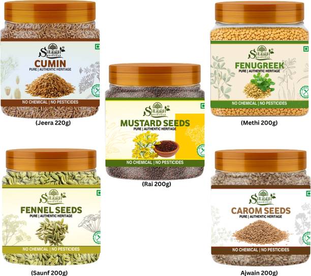 Shuddh Dharohar Tadka Essentials 5 in 1 Whole Spice Combo - (Rai, Jeera, Methi, Saunf, Ajwain)