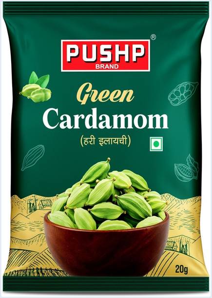 Pushp Brand Whole Cardamom 20g Pouch Bold 8-9mm Sabut Hari Elaichi for Tea, Sweet, Cooking