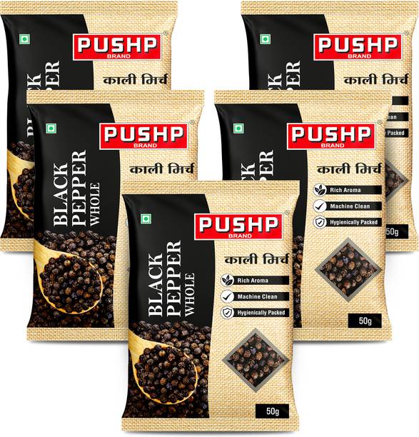 Pushp Brand Whole Black Pepper | Kali Mirchi | Premium Sabut Mirch | 50g Pouch | Pack of 5