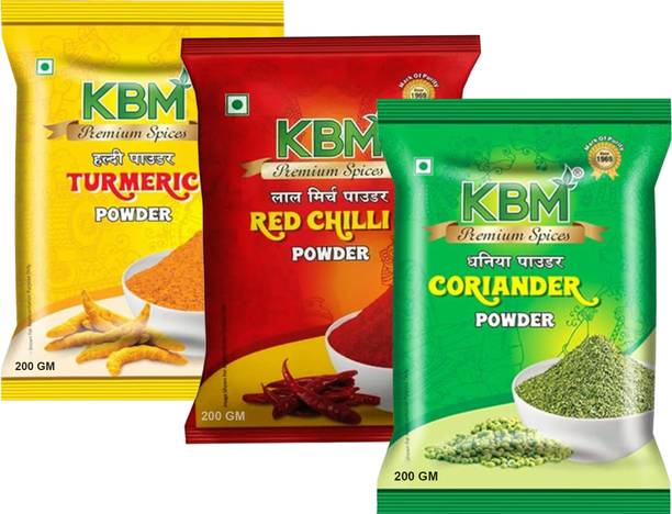 KBM प्रीमियम 100% Organic Turmeric, Coriander & Red Chilli Powder Masala Combo for Cooking