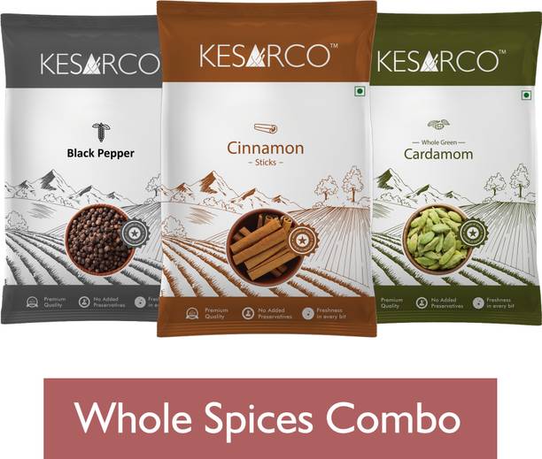 KESARCO Whole Spices Combo - Cardamom 40g, Cinnamon 50gm & Black Pepper 50gm