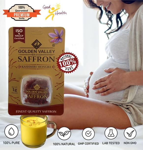 GOLDEN VALLEY Saffron 1Gram 100% Pure Premium Natural Original Kashmiri Saffron for Pregnant Women, Biryani, Fair Skin, Milk, Tilak Certified ISO A1++ Best Highest Quality Mogra Saffron / Kumkumapuvvu/ Kesar/ Keshar - (Pack of-1)X1gm