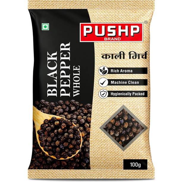 Pushp Brand Whole Black Pepper 100g Pouch | Pack of 1 | Kali Mirchi | Premium Sabut Mirch