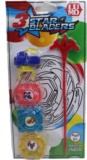 neoinsta shopping 3 star plastic beyblade toy with 3 tops, 1 cord and 1 blue launcher for kids