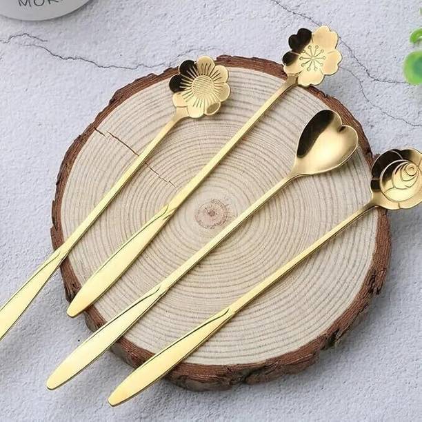 VyomEnter 4pcs Golden Spoons Coffee Spoon Flower Teaspoons Desserts Spoons Stainless Steel Coffee Spoon, Tea Spoon, Ice-cream Spoon, Cream Spoon, Sugar Spoon Set