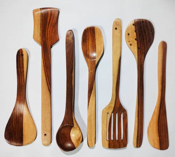 decorlay Natural Cooking Spoon Set of 7 | 2 Frying, 1 Serving, 1 Spatula, 1 Chapati Spoon, 1 Desert, 1 Rice | Rosewood Utensils | Brown Wooden Table Spoon Set