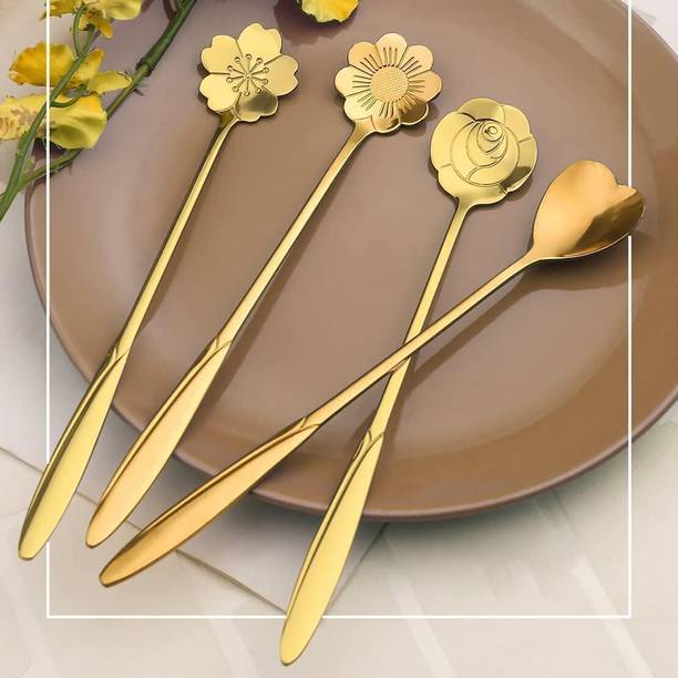 VENDICS Gold Plated Designer Spoon Set – Floral & Heart Shape (Set of 4) Disposable Stainless Steel Ice-cream Spoon Set