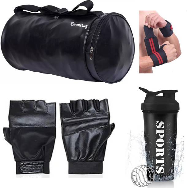 एम्मक्रैज़ black gym bag with spider protein shaker with gym gloves and wrist support
