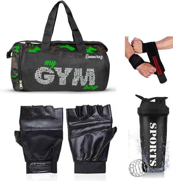 एम्मक्रैज़ my green gym bag with spider protein shaker with gym gloves and wrist support