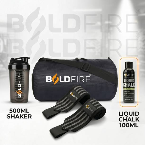 BoldFire Sports Gym Bag with Wrist Wraps,Liquid Chalk & Shaker Bottle for Fitness Workout