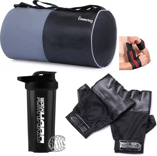 EMMCRAZ black&grey gym bag with gallon bottle with wrist band and gym gloves Fitness Kit