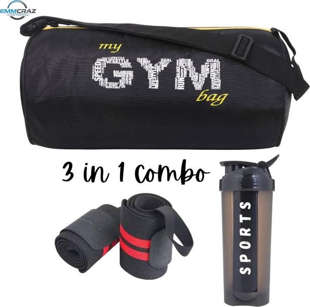 EMMCRAZ Combo Wrist Band With Gym Bag & 700ML Gym Shaker PACKOF3) (Black, Kit Bag)