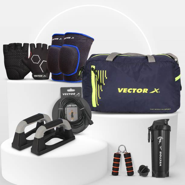 VECTOR X Gym Bag, Shaker, Pushup Bar, Skipping Rope, Hand Grip, Gym Gloves, Knee Support Home Gym Combo