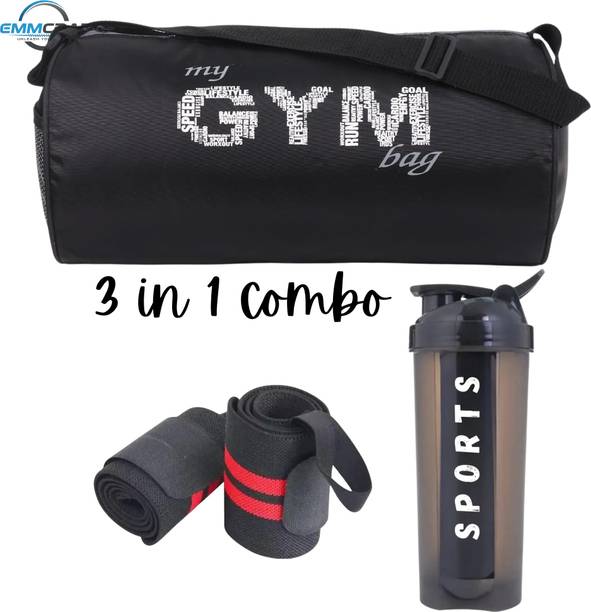 EMMCRAZ Combo Wrist Band With Gym Bag & 700ML Gym Shaker PACKOF3) (Black, Kit Bag)
