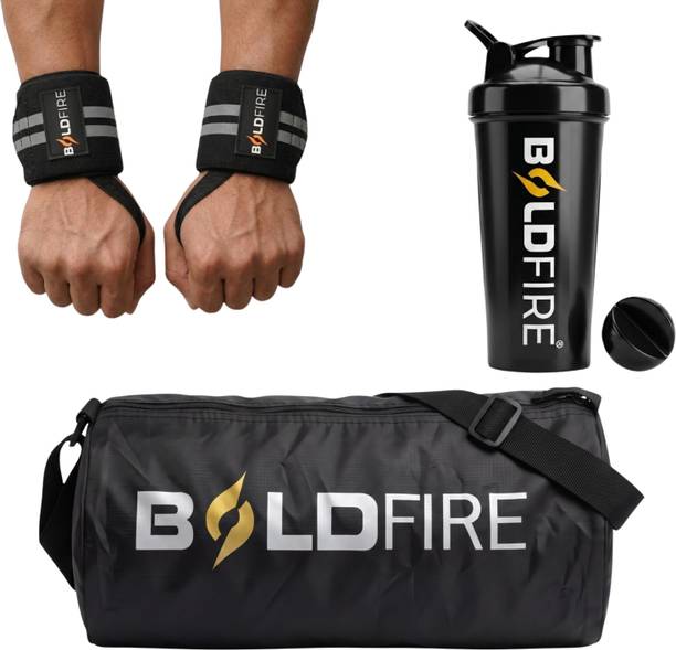 BoldFire Gym Combo: Waterproof Sports Bag, Weight Lifting Straps & 700ML Protein Shaker