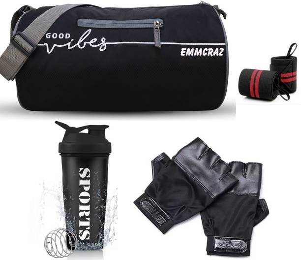 EMMCRAZ BLACK GYM BAG WITH PREMIUM SHAKER BOTTLE ,GLOVES AND WRIST SUPPORT