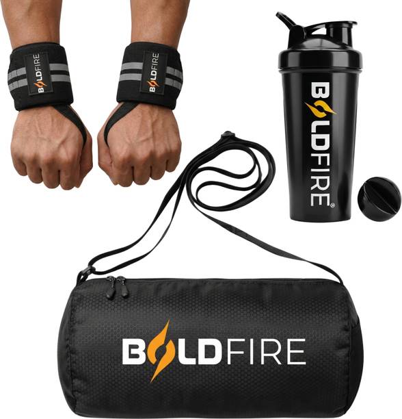 BoldFire Gym Combo: Waterproof Sports Bag, Weight Lifting Straps & 700ML Protein Shaker