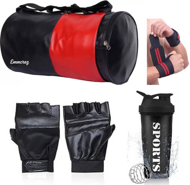 EMMCRAZ (red/black) gym bag with spider protein shaker with gym gloves and wrist support