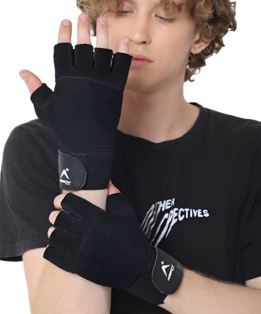 ArrowMax GYM GLOVES WITH WRIST SUPPORT FOR MEN WOMEN BLACK LEATHER FOAM PADDED Gym & Fitness Gloves