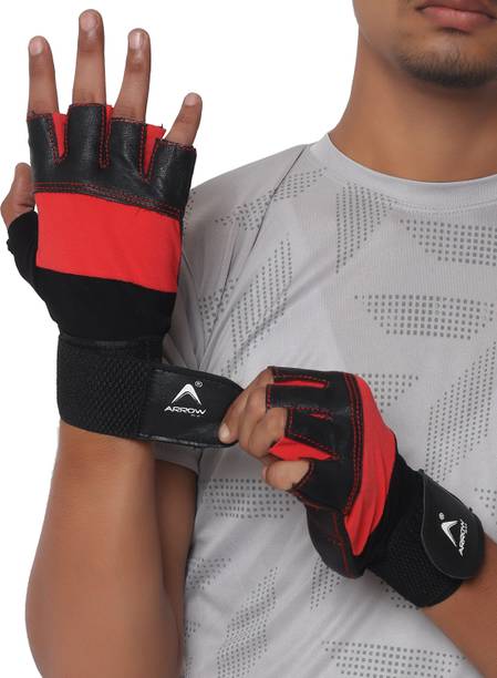 ArrowMax GYM GLOVES WITH WRIST SUPPORT FOR MEN WOMEN BLACK LEATHER FOAM PADDED Gym & Fitness Gloves