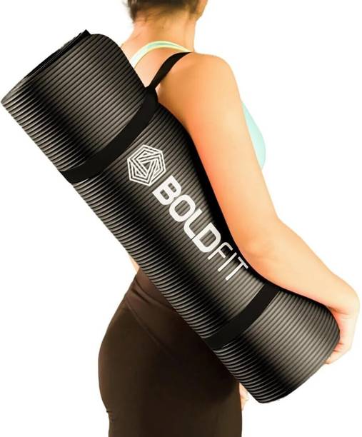 BOLDFIT Yoga Mat for Men 10mm Women Nbr Yoga Mat Exercise Mat Workout Gym Carry Strap Black 10 mm Yoga Mat