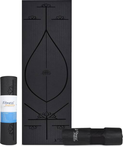 Fitness Mantra Premium TPE Body Alignment Lines Yoga Mat with Cover Bag| Black| Black 6 mm Yoga Mat