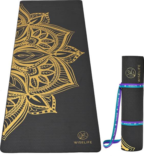 Wiselife Printed Yoga Mat+Yoga Strap TPE Material 6Mm Extra Thick Exercise Mat -Mettalic Black 6 mm Yoga Mat