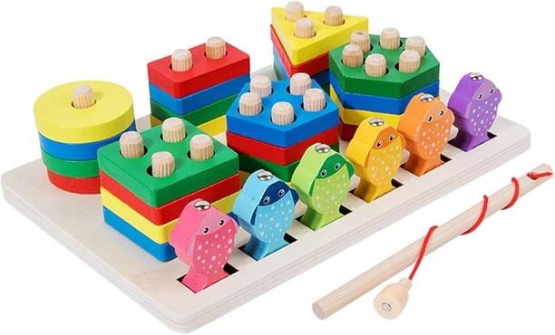 Aradhanas Elite Wooden Fishing Column 2-in-1 Puzzle & Shape Matching Game for Kids (Montessori)