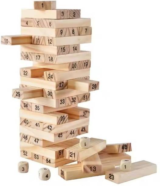 MARA BOMMAI Wooden Blocks 54 Pcs Blocks 4 Dices Wooden Tumbling Stacking Jenga Tower Game