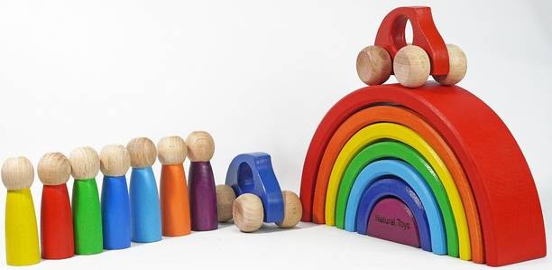 Natural.Toys 7 Pc Combo (Rainbow + 2 cars + 7 Peg Dolls)