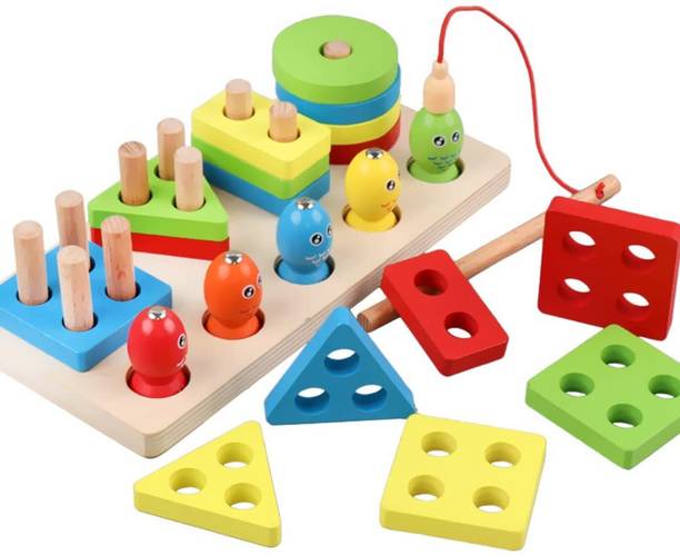 Little Mind 2 in 1 Fish Column Wood& Magnetic Game for Fishing & Stacking Puzzles