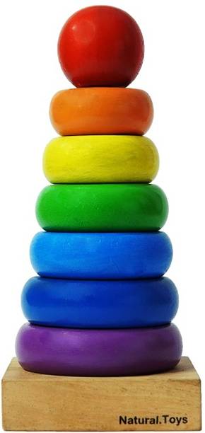 Natural.Toys Educational Toy Wooden Rainbow Stacker 7 Rings Stacking Toy Toddlers Indoor Play