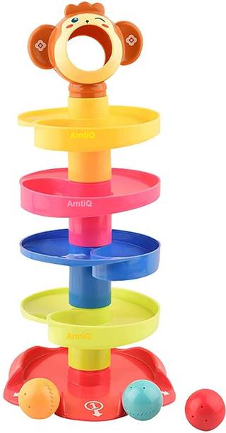 AmtiQ Roll Ball Toy with 4 Layer Ball Drop Tower Run with Roll Swirling Ramps for Baby and Toddler Toy Set