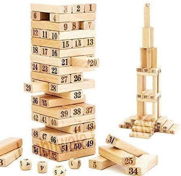 Online Hub Toys Tumbling Tower For Kids, Wooden Building Blocks with 54 block (Brown)