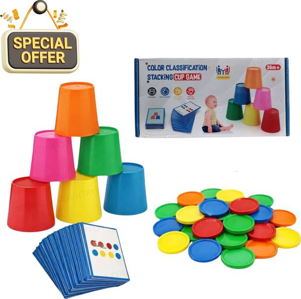 CountryLink Kids Color Recognition Stacking Game with Multicolor 6 Cups, 48 Coins & 50 Card