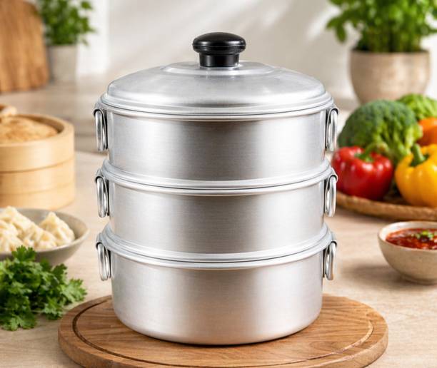 TambaVeda 3-Tier Aluminium Steamer – Momo Maker, Idli Cooker & Dhokla Steaming Pot Aluminium Steamer