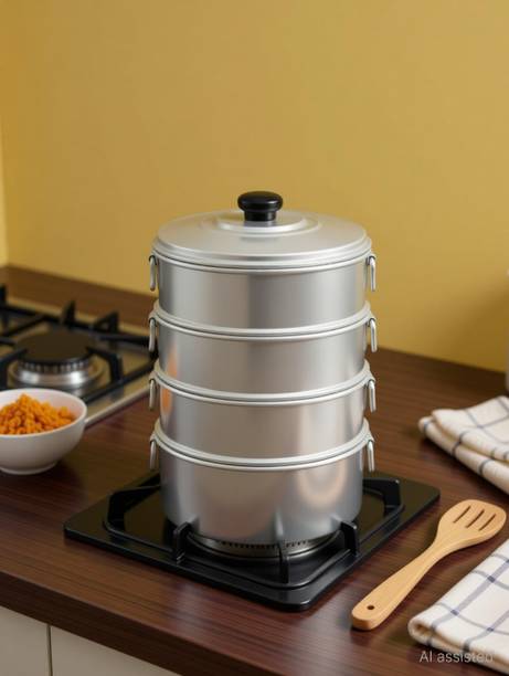 TambaVeda Aluminium Momo Steamer for Idli, Dhokla & Vegetables | 4 Tier Steaming Pot Aluminium Steamer