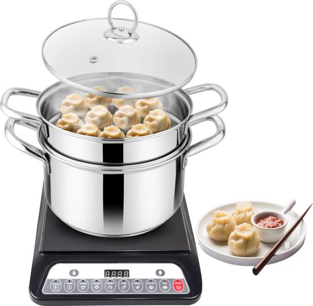 PRABHA Stainless Steel 2 Tier Steamer, Momos Maker with Glass Lid , Induction Base Steel Steamer