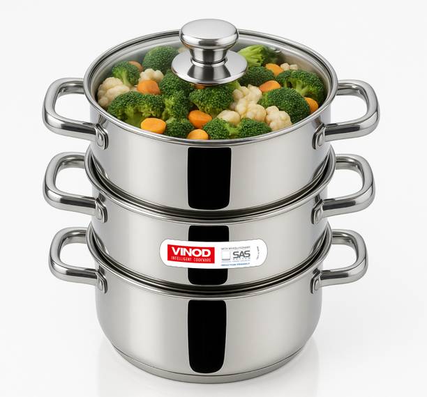 VINOD 3-Tier 18 cm Stainless Steel Momo & Modak Steamer, Glass Lid, Induction Base Stainless Steel Steamer