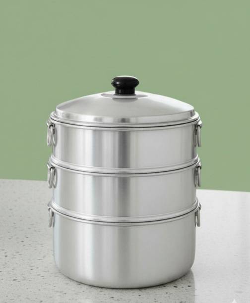 TambaVeda Aluminium Momo Steamer for Idli, Dhokla & Vegetables | 3 Tier Steaming Pot Aluminium Steamer