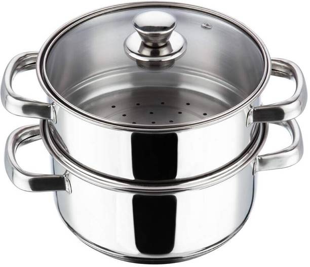 GLEDAM GLEDAM Stainless Steel Steamer with Glass Lid - Silver 2 Tier Stainless Steel Steamer