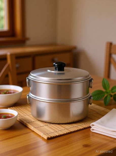 TambaVeda Aluminium Momo Steamer for Idli, Dhokla & Vegetables | 2 Tier Steaming Pot Aluminium Steamer